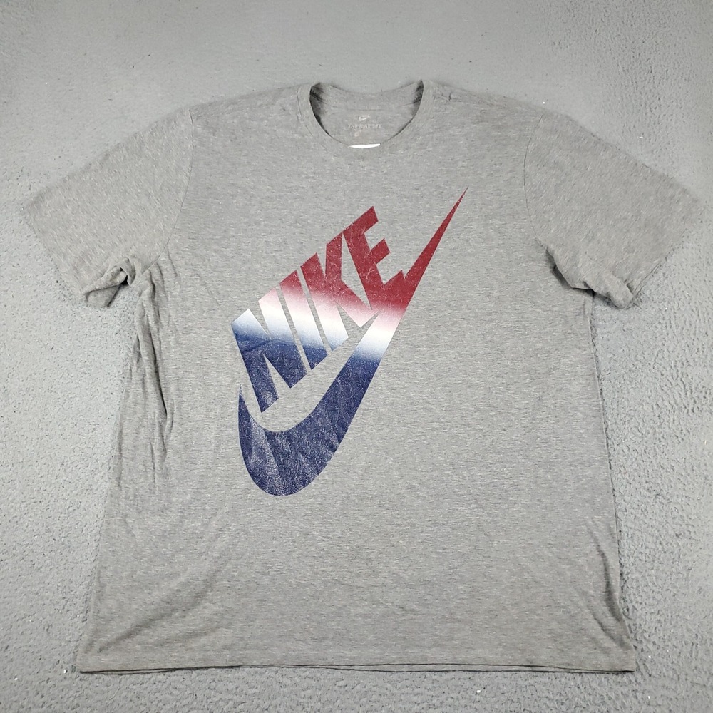 Nike T Shirt Mens 2XL Gray Red White Blue Swoosh Logo Short Sleeve Crew Neck Tee